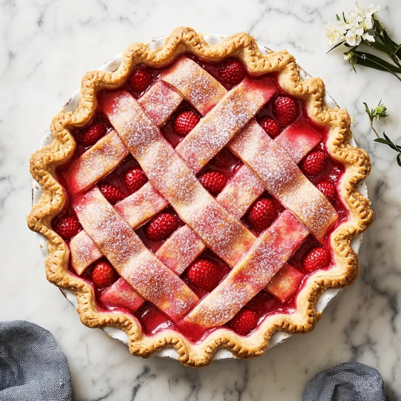 A pie with strawberries and powdered sugar.