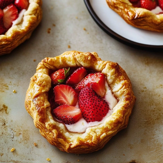 A pastry with strawberries and whipped cream.