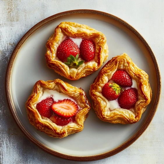 Three strawberry tarts on a plate.
