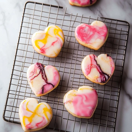 Heart shaped cookies on a cooling rack.