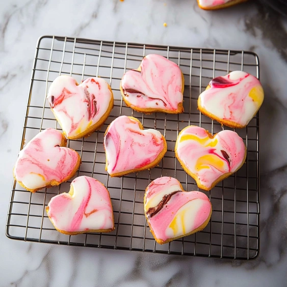 A tray of heart shaped cookies.
