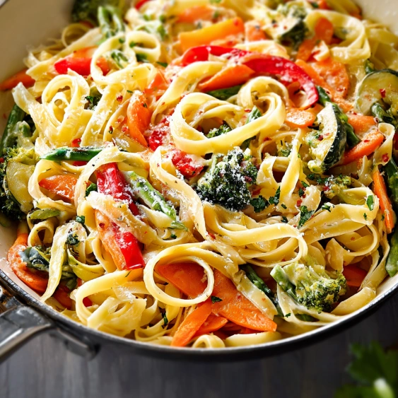 A bowl of pasta with vegetables.