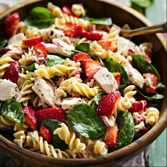 A bowl of pasta with strawberries and spinach.