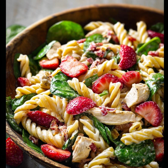 A bowl of pasta with strawberries and spinach.