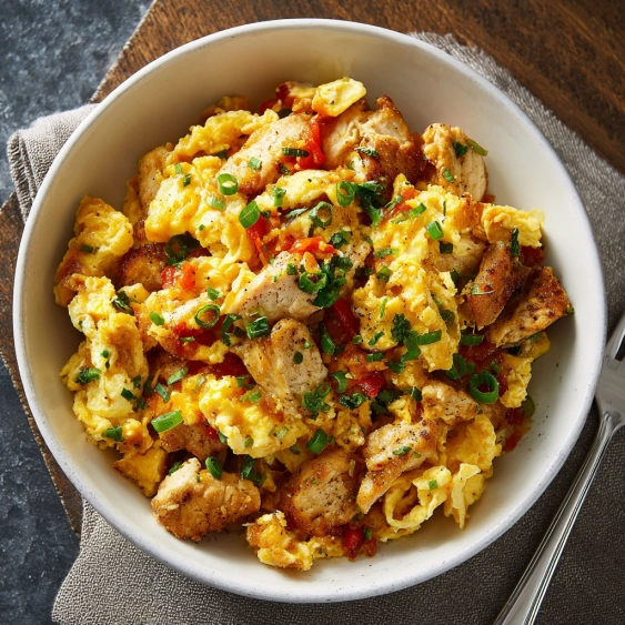 A bowl of food with chicken and vegetables.
