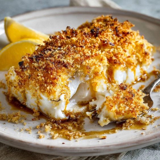 A plate of fish with lemon wedges on top.