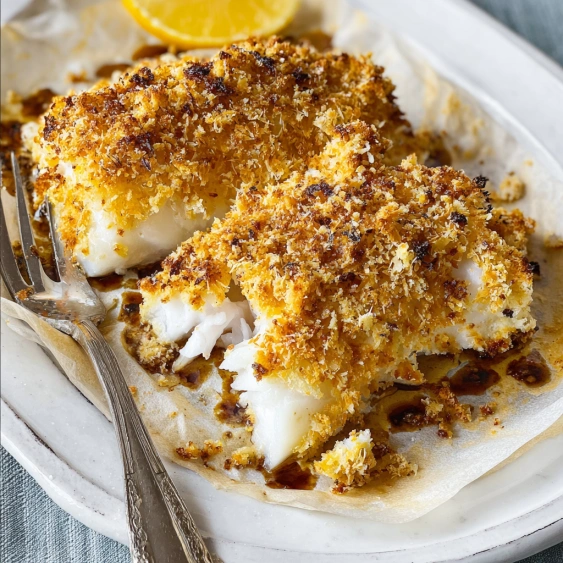 A plate of fish with a lemon wedge on top.