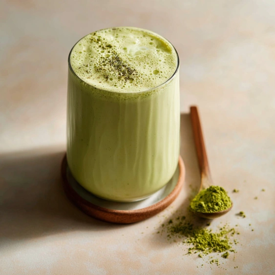 A glass of green tea with a spoonful of green tea leaves.