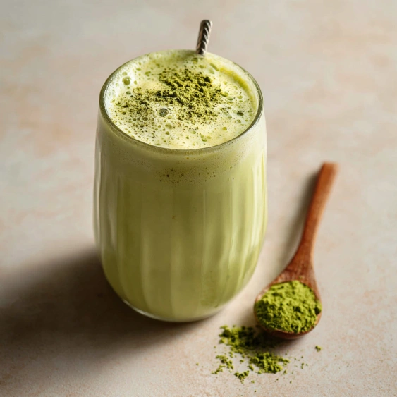 A glass of green tea with a spoon of green tea leaves.