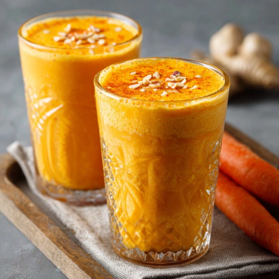 Two glasses of orange juice with carrots on a table.