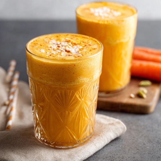 Two glasses of orange juice with carrots.