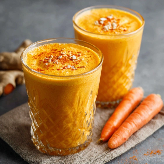 Two glasses of orange juice with carrots on the side.