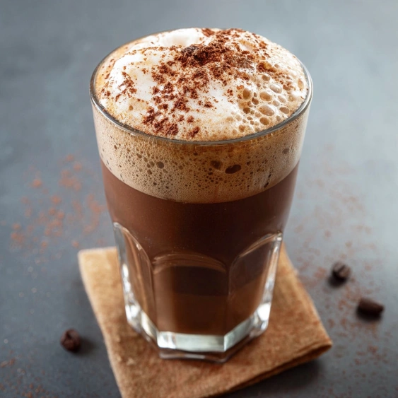 A glass of coffee with a cinnamon topping.