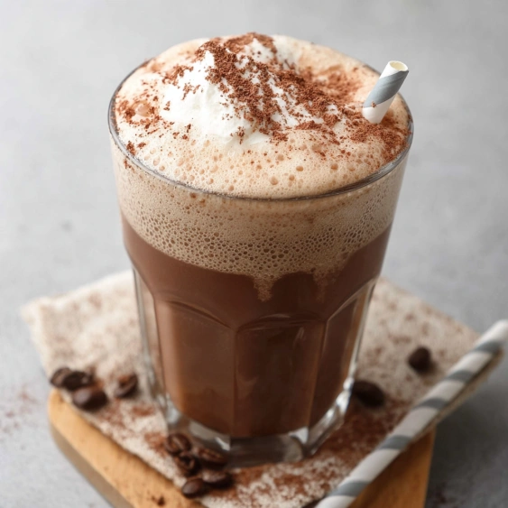 A glass of chocolate milk with whipped cream.