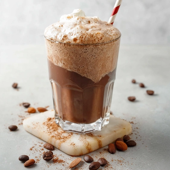 A glass of chocolate milk with a straw.