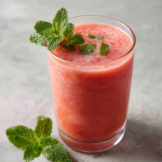 A glass of pink juice with mint leaves on top.