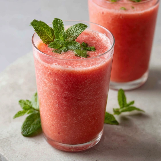 Two glasses of pink juice with mint leaves.