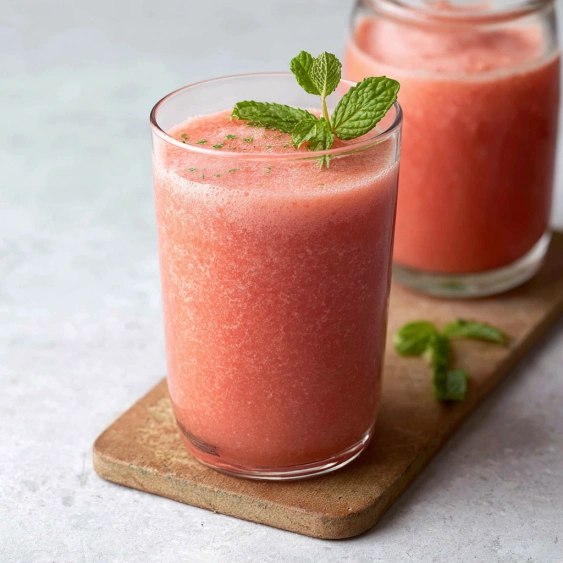 Two glasses of pink juice with mint leaves.