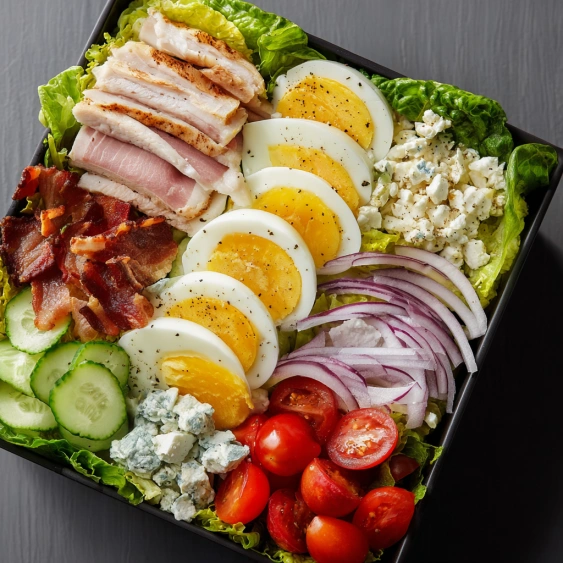 A salad with eggs, tomatoes, and bacon.