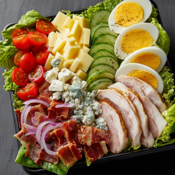 A salad with eggs, cheese, and meat.