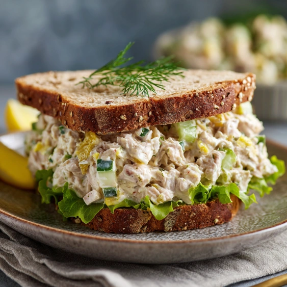 A sandwich with lettuce and a pickle on top.