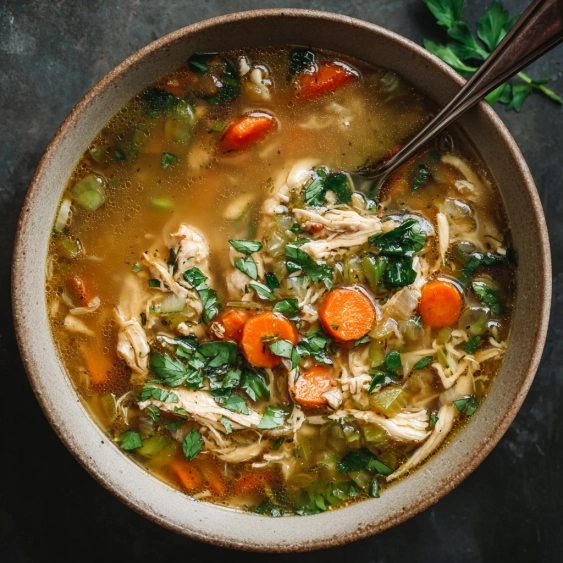 A bowl of soup with chicken and vegetables.