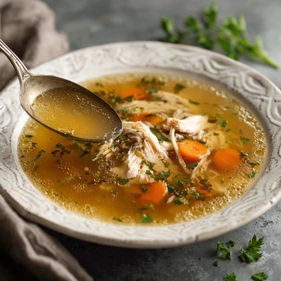 A bowl of soup with a spoon in it.