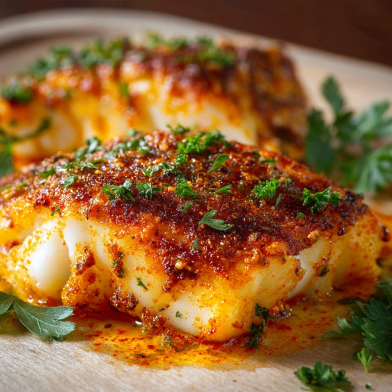 A piece of fish on a wooden cutting board.
