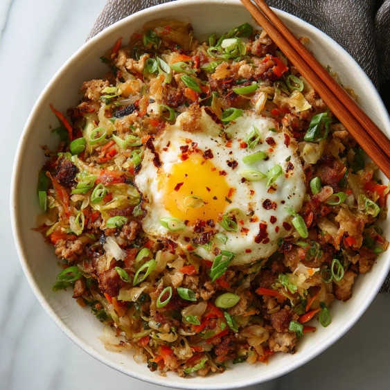 A bowl of food with a fried egg on top.