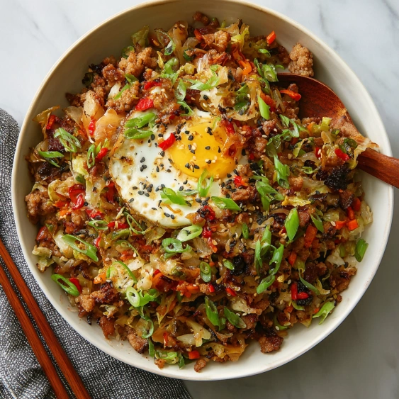 A bowl of food with a fried egg on top.
