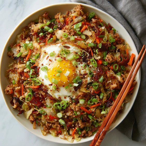 A bowl of food with a fried egg on top.
