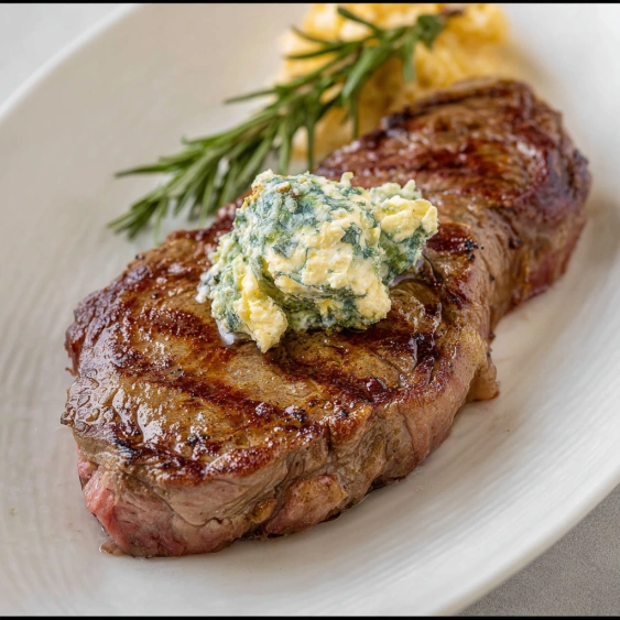 A piece of meat with a blue sauce on top.