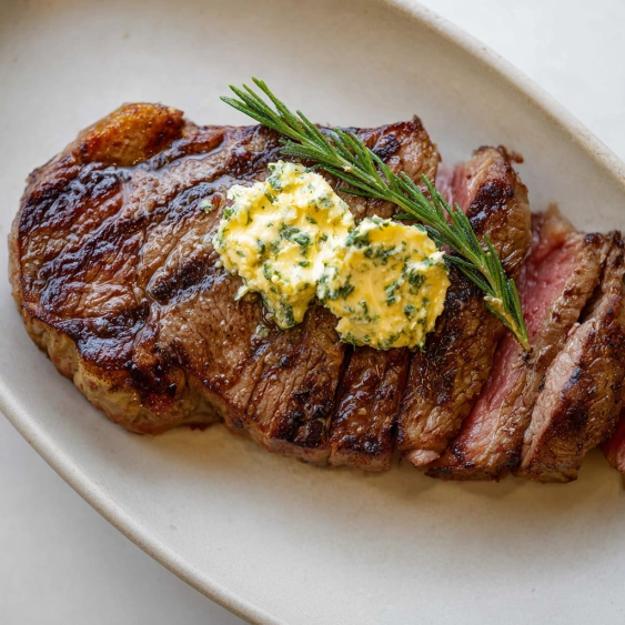 A piece of meat with a blue sauce on top.