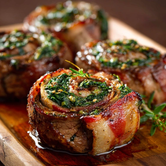 Sliced meat wrapped in greens.