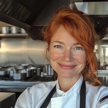 A woman in a kitchen smiling.