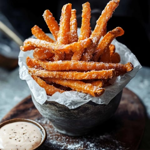 A bowl of fries with a dipping sauce.