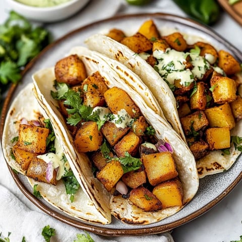 Two tacos with potatoes and sour cream.