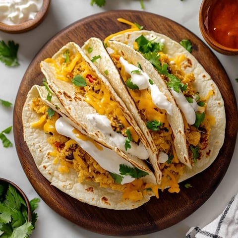 Two tacos with cheese and sour cream on a wooden platter.