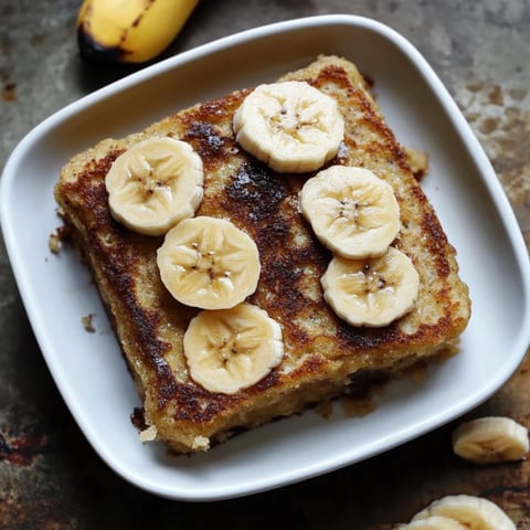 A square of banana bread with banana slices on top.