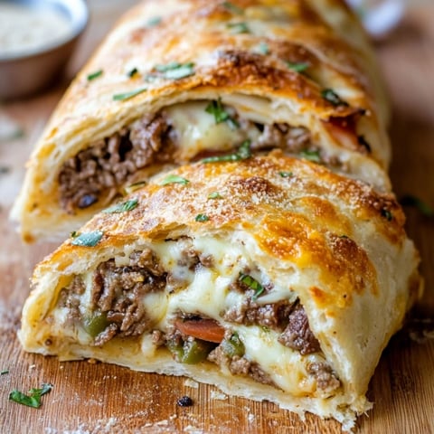 A meat and cheese filled pastry on a wooden table.
