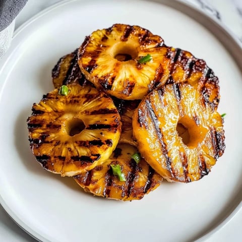 Three grilled pineapple slices on a white plate.