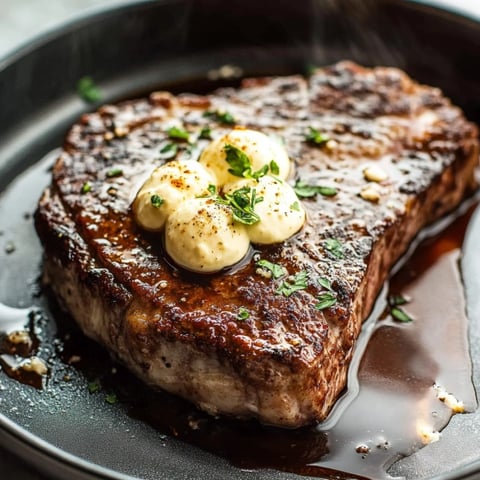 A steak with butter and herbs on top.