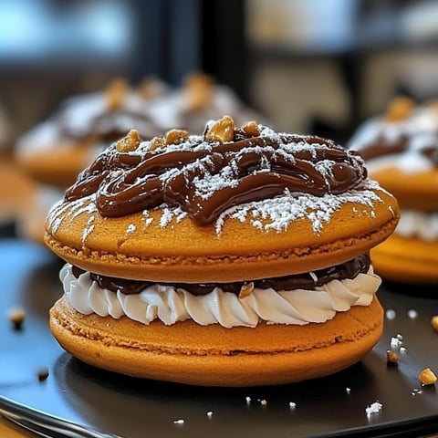 A chocolate covered pastry with white icing and nuts.