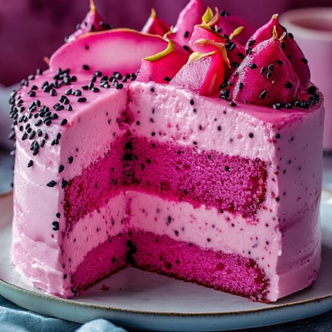 A slice of pink cake with black seeds on top.