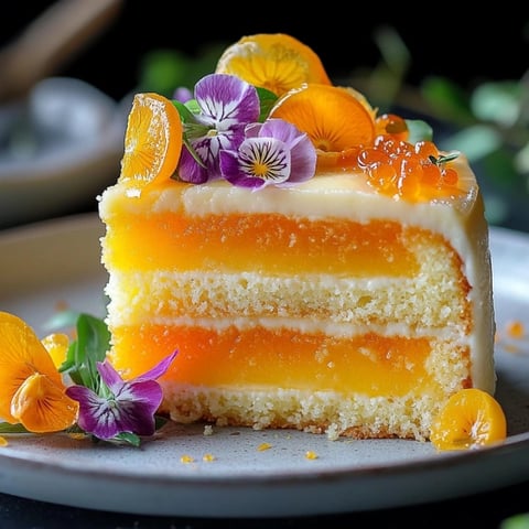 A slice of orange cake with flowers on top.