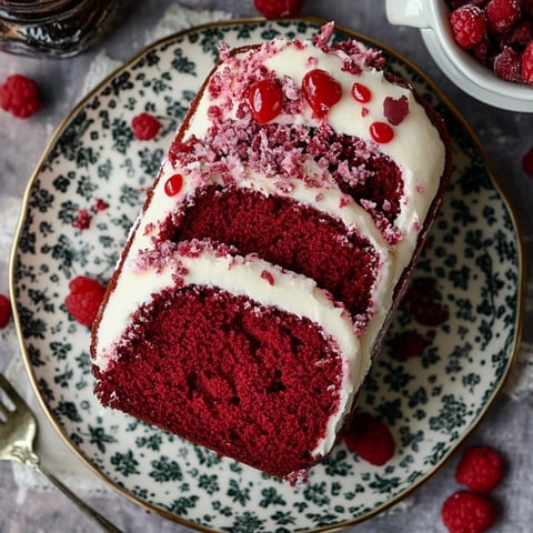A slice of red velvet cake with white frosting and raspberries.