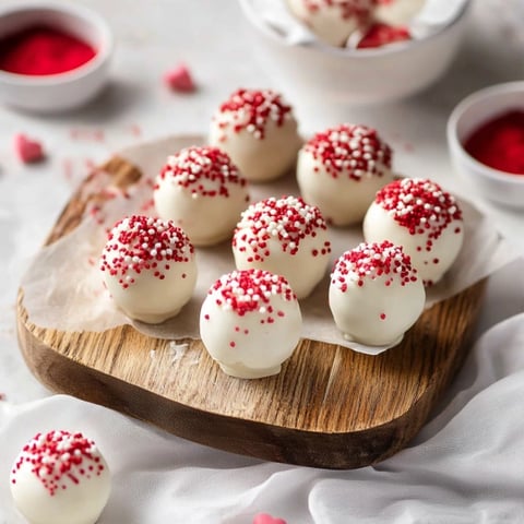 A plate of red and white cake balls.