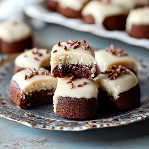 A plate of chocolate desserts with white icing.
