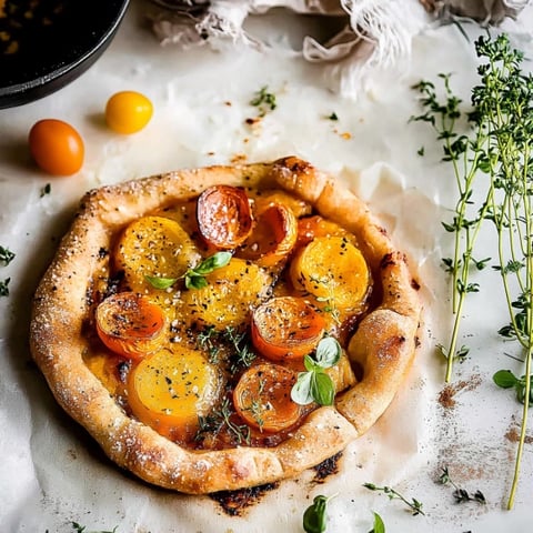 A pizza with tomatoes and basil on a white tablecloth.
