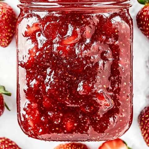 A jar of strawberry jam with strawberries in the background.
